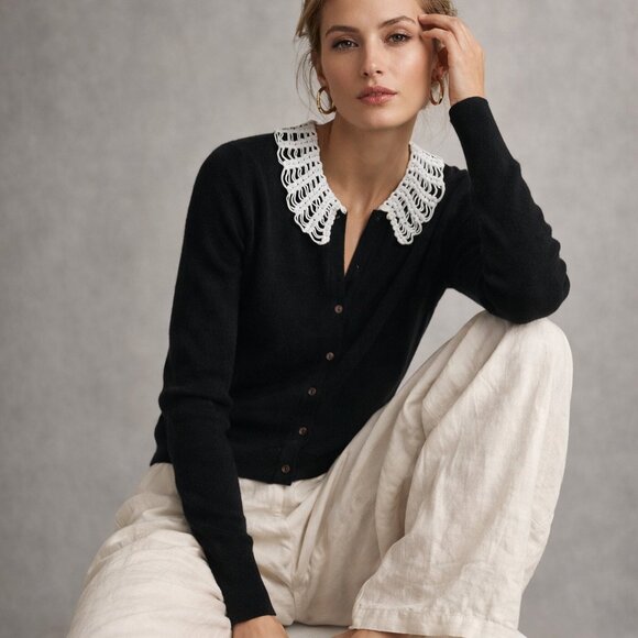 McDuff Sweaters - Cashmere cardigan, re-imagined with addition of Victorian hand crocheted collar
